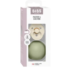 BIBS Colour Pacifier Round Latex Size 2 Ivory & Pacifier Case Mini Sage
