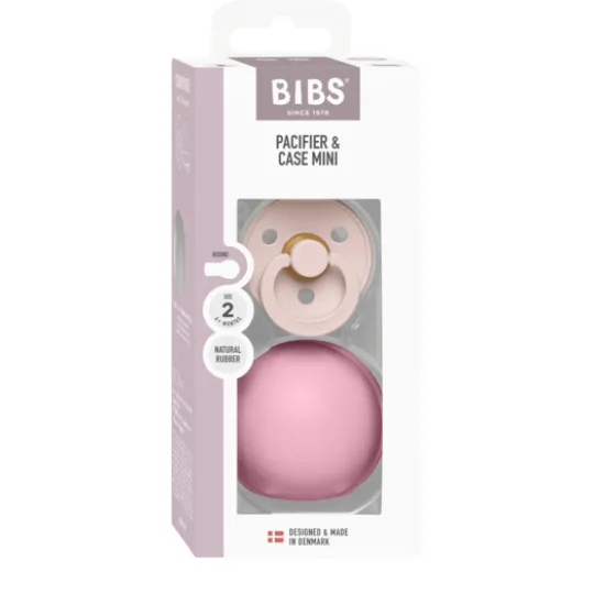BIBS Colour Pacifier Round Latex Size 2 Petal & Pacifier Case Mini Baby Pink