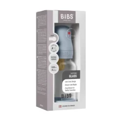 BIBS Glass Baby Bottle Round Latex Slow Flow Baby Blue 120 ml