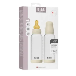 BIBS Glass Baby Bottle Round Latex Medium Flow Ivory 240 ml 2-pack