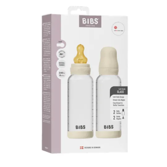 BIBS Glass Baby Bottle Round Latex Medium Flow Ivory 240 ml 2-pack