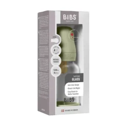 BIBS Glass Baby Bottle Round Latex Slow Flow Sage 120 ml