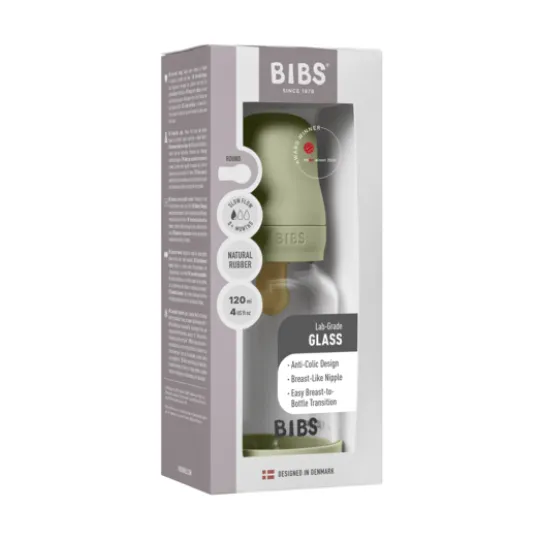 BIBS Glass Baby Bottle Round Latex Slow Flow Sage 120 ml