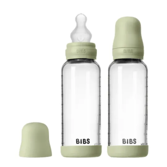 BIBS Glass Baby Bottle Round Silicone Medium Flow Sage 240 ml 2-pack