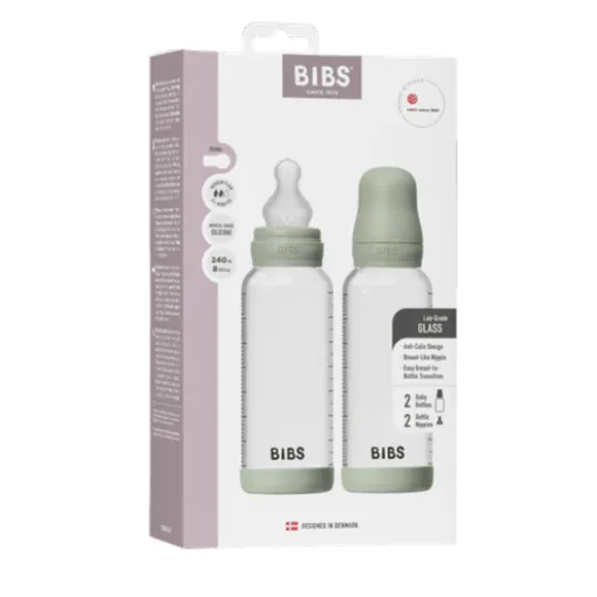 BIBS Glass Baby Bottle Round Silicone Medium Flow Sage 240 ml 2-pack