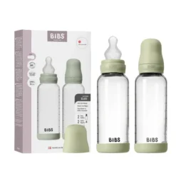 BIBS Glass Baby Bottle Round Silicone Medium Flow Sage 240 ml 2-pack