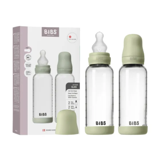 BIBS Glass Baby Bottle Round Silicone Medium Flow Sage 240 ml 2-pack