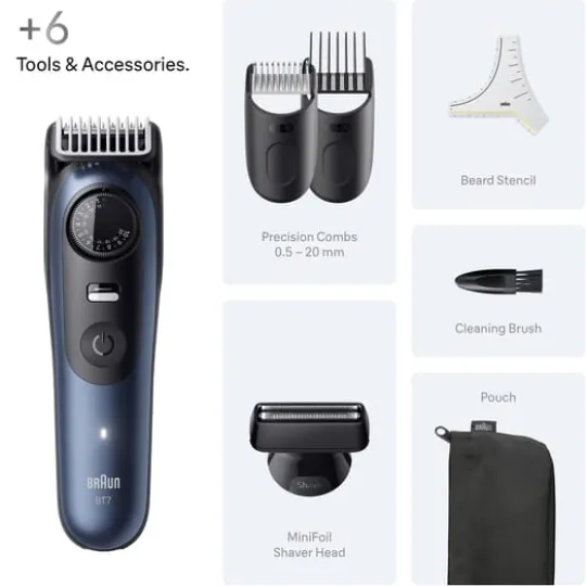 Braun Skäggtrimmer Series 7 +6 Barberverktyg BT7520 Blå
